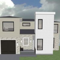 Modern two story home design with single car garage and covered porch,.