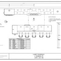 Layout page of a kitchen floor plan including notes, dimensions, and a cabinet side elevation.
