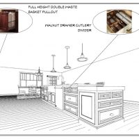 Layout page of a kitchen design highlighting the full height double waste basket pullout and walnut drawer cutlery divider.