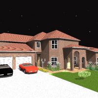 Night view of a two story home design with double car garage and grand entry.