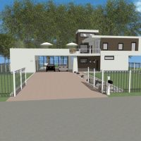 Modern two story home design with a roof top deck and extended covered parking.
