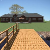 Lake front home design with large outdoor kitchen and living.