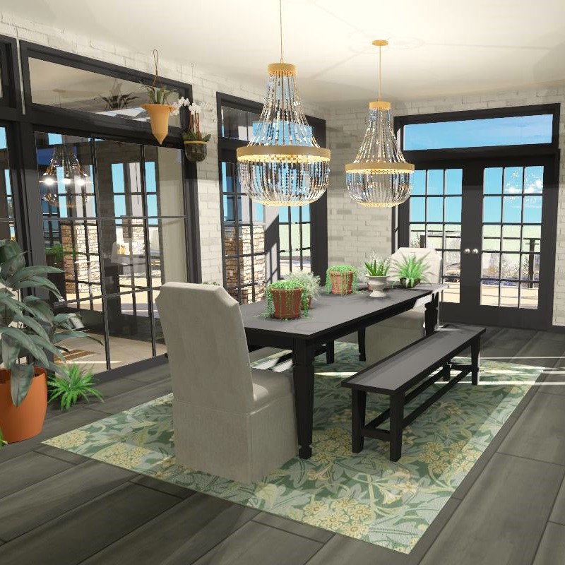 Boho dining room with large open windows rendering made in Chief Architect Software