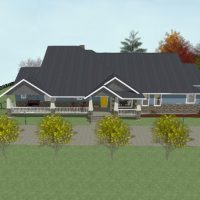 Home design with large front porch, stone and lap siding, on a treed and sloped lot.