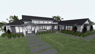 long, grey home with decorative grass perimeter, large paver walkway, vertical grey siding lower walls and grey stone on upper, shed dormer centered on front elevation, standing seam roofing, yellow porche parked in garage