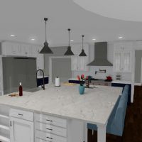 Kitchen design with large island, white cabinets, and stainless steel appliances.