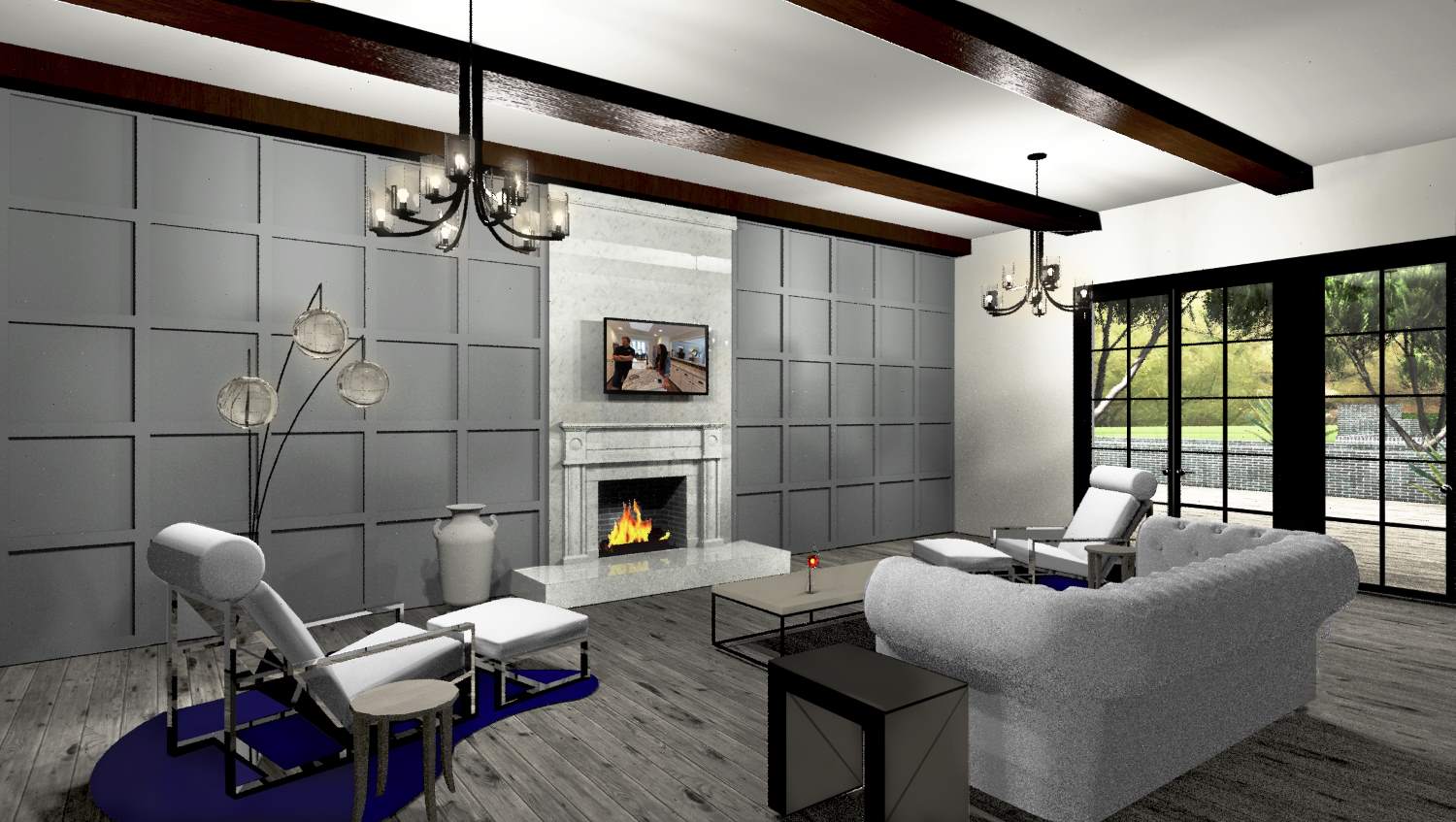 Open living room with marble fireplace.