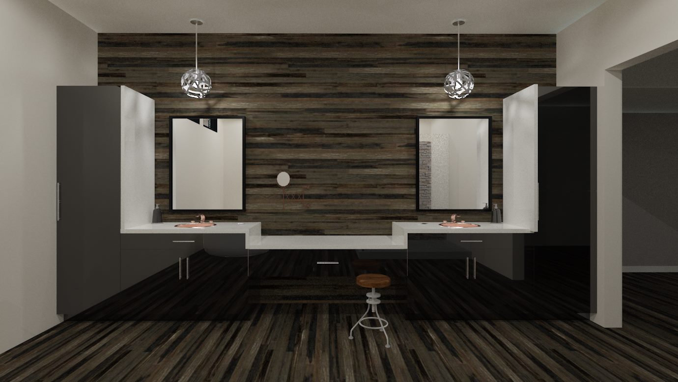 Bathroom double vanity with dark high gloss cabinets and light countertops.