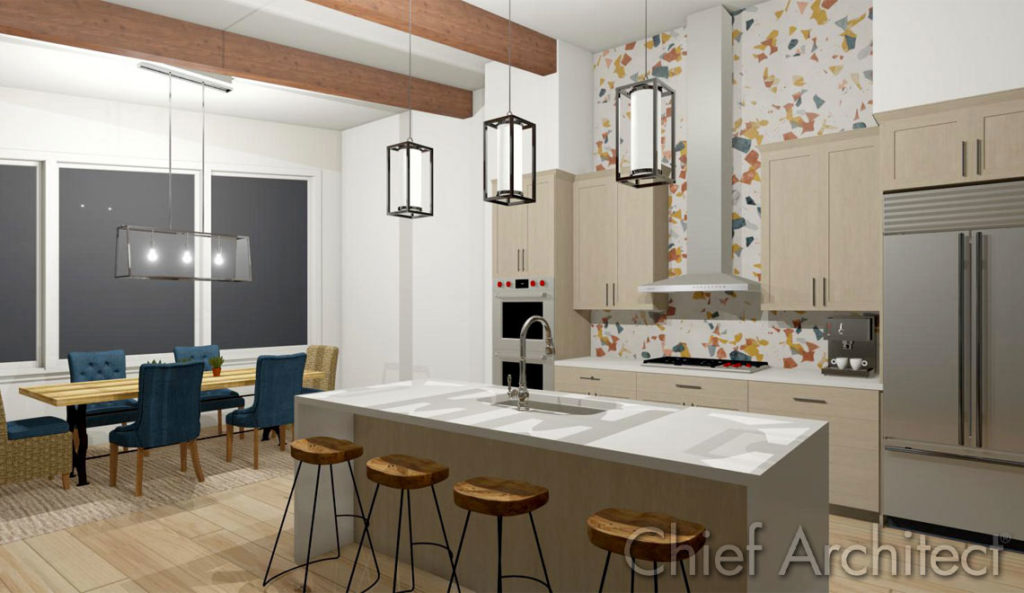 A fun way to mix the trends by adding a bold terrazzo backspash to this natural focused design. Designed and rendered in Chief Architect.