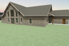 Rustic home with brick siding and vaulted ceiling with large windows.