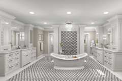 Kelly Collett's Spacious primary bathroom design with custom sconces and beaded inset furniture.