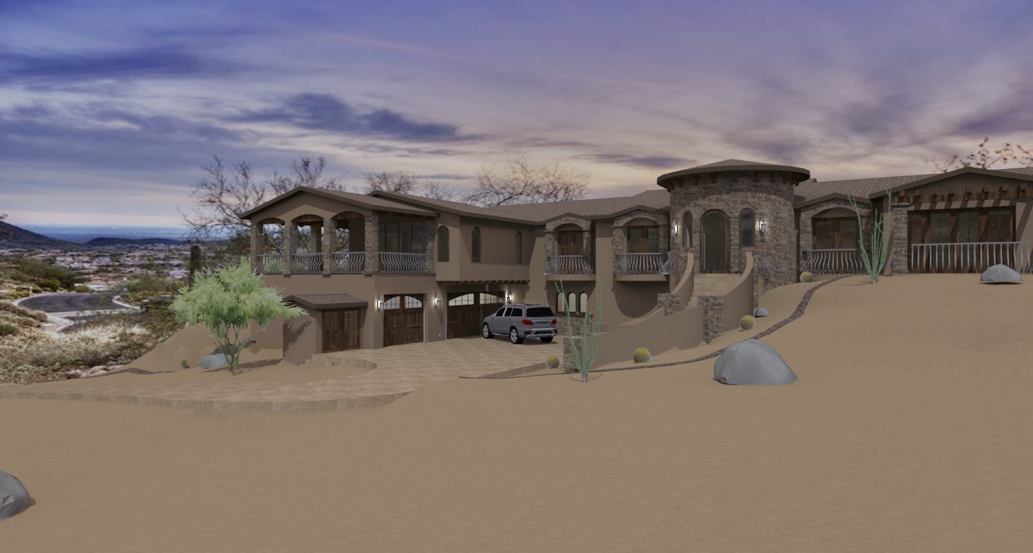 Mountain side home design with stucco and stone siding.