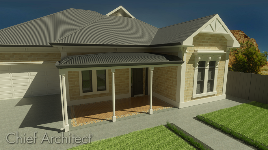 Physically Based Ray Trace of a structure with a bullnose verandah Bullnose verandah on the front of a home