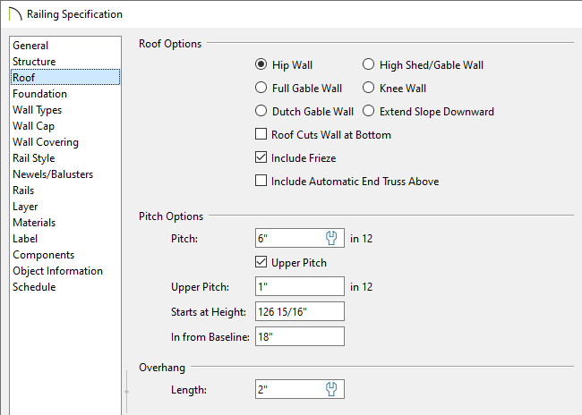 Adjusting the Pitch Options in the Deck Railing Specification dialog