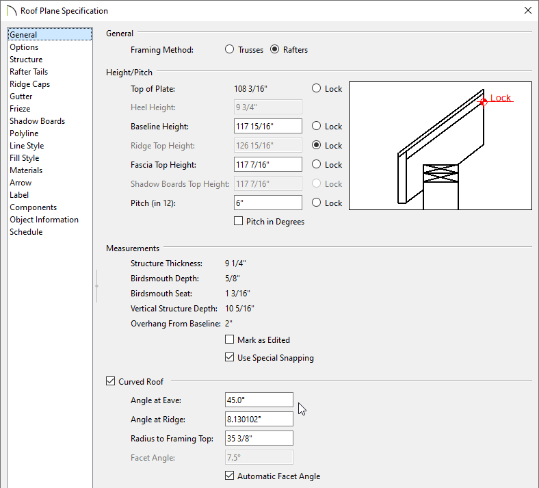 Roof Plane Specification where curved roofs can be enabled