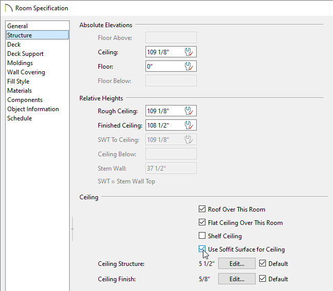 Structure panel of the Room Specification dialog